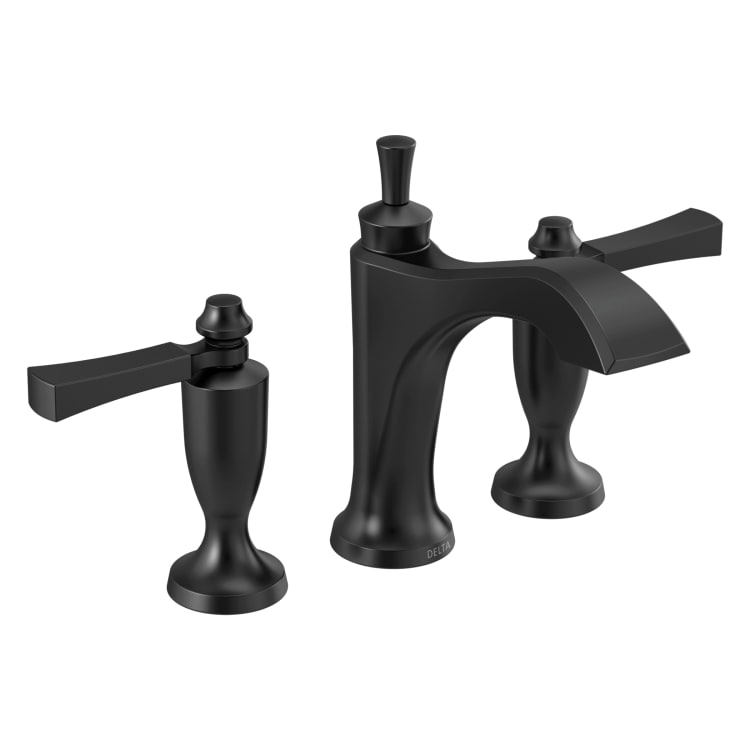 DELTA® 3556-BLMPU-DST Dorval™ Widespread Bathroom Faucet, Commercial/Residential, 1.2 gpm Flow Rate, 4-15/16 in H Spout, 4 to 16 in Center, Matte Black, 2 Handles, Pop-Up Drain, Domestic