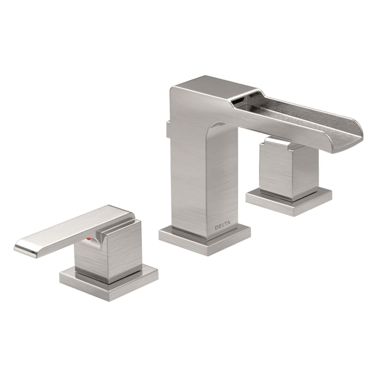 DELTA® 3568LF-SSMPU Ara® Widespread Lavatory Faucet, Commercial, 1.5 gpm Flow Rate, 4-1/2 in H Spout, 4 to 16 in Center, Stainless Steel, 2 Handles, Pop-Up Drain, Domestic