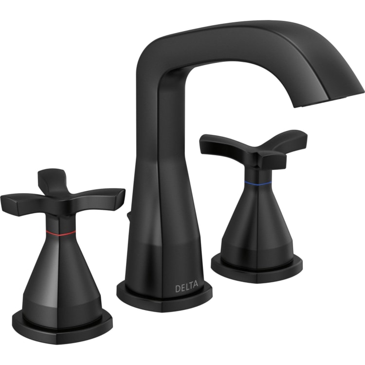 DELTA® 357766-BLMPU-DST Widespread Lavatory Faucet, Stryke™, 1.2 gpm Flow Rate, 5-3/8 in H Spout, 4 to 16 in Center, Matte Black, 2 Handles, Metal Pop-Up Drain