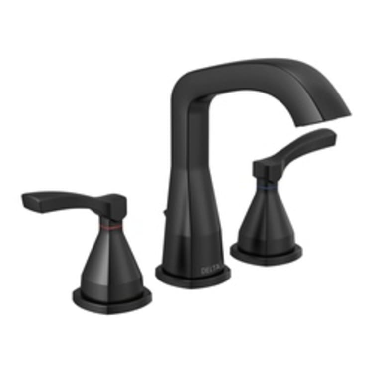 DELTA® 35776-BLMPU-DST Stryke™ Widespread Lavatory Faucet, 1.2 gpm Flow Rate, 5-3/8 in H Spout, 4 to 16 in Center, Matte Black, 2 Handles, Metal Pop-Up Drain