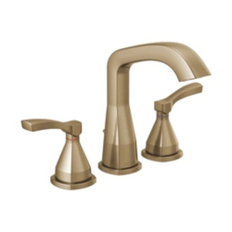 DELTA® 35776-CZMPU-DST Stryke™ Widespread Lavatory Faucet, 1.2 gpm Flow Rate, 5-3/8 in H Spout, 4 to 16 in Center, Brilliance® Champagne Bronze, 2 Handles, Metal Pop-Up Drain