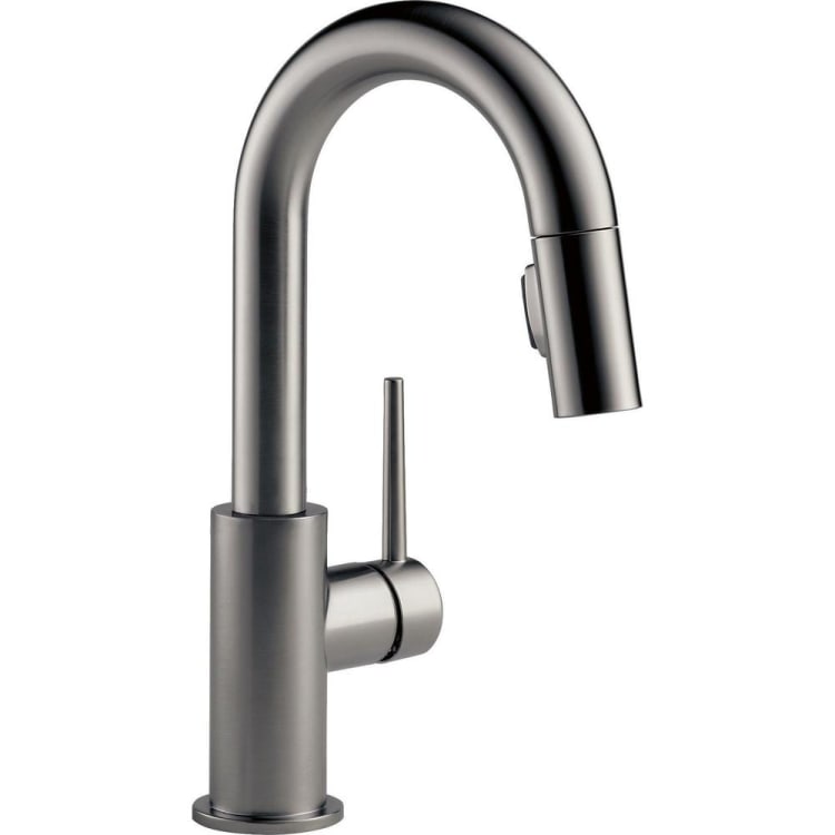 DELTA® 9959-KS-DST 9959 Trinsic® Water Efficient Pulldown Bar/Prep Faucet, 1.8 gpm Flow Rate, Black Stainless, 1 Handles, 1/3 Faucet Holes, Function: Traditional, Domestic