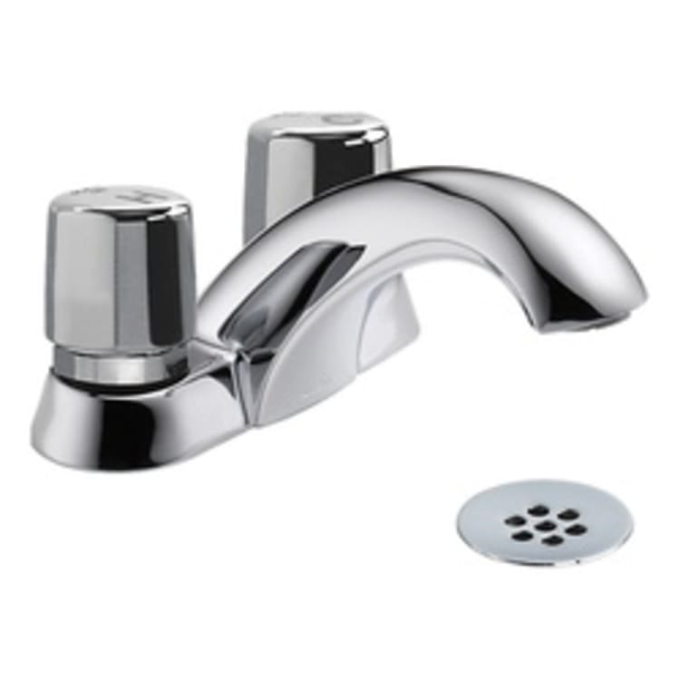 DELTA® 2517LF-HDF HDF® Self-Closing Centerset Lavatory Faucet, 0.5 gpm, 1-3/8 in H Spout, 4 in Center, 2 Handles, Grid Strainer Drain, Chrome Plated