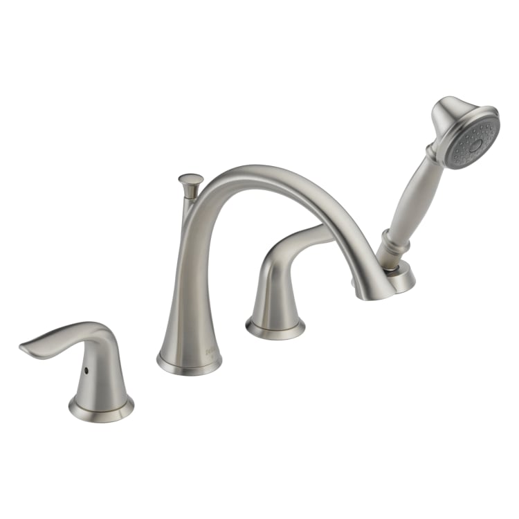 DELTA® T4738-SS Roman Tub Trim, Lahara®, 1.75 gpm Flow Rate, 8 to 16 in Center, Brilliance® Stainless Steel, 2 Handles, Function: Traditional, Domestic