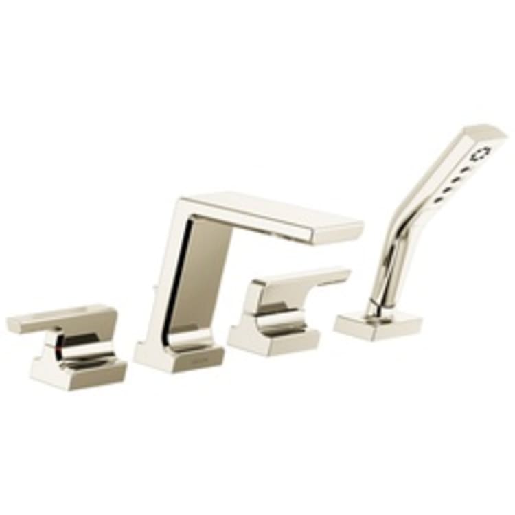 DELTA® T4799-PN Pivotal™ Roman Tub Faucet, 1.75 gpm Flow Rate, 11 to 16 in Center, Brilliance® Polished Nickel, 2 Handles, Function: Traditional, Domestic