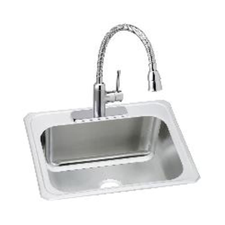 Elkay® DCR252212C Pursuit Traditional Kitchen Sink and Faucet Kit, Brushed Satin, Rectangle Shape, 21 in L x 15-3/4 in W x 12 in D Bowl, 3 Faucet Holes, 25 in L x 22 in W x 12-1/4 in H, Top Mount, Stainless Steel