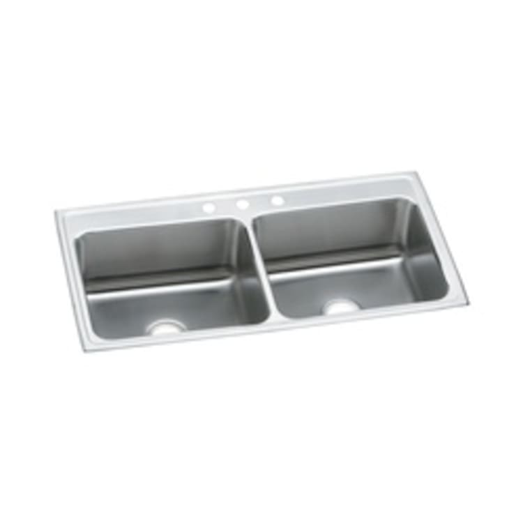 Elkay® DLR4322103 Kitchen Sink, Gourmet, Rectangular, 19 in L x 16 in W x 10 in D Left Bowl, 19 in L x 16 in W x 10 in D Right Bowl, 3 Faucet Holes, 43 in L x 22 in W x 10-1/8 in H, Top Mount, Stainless Steel, Lustertone