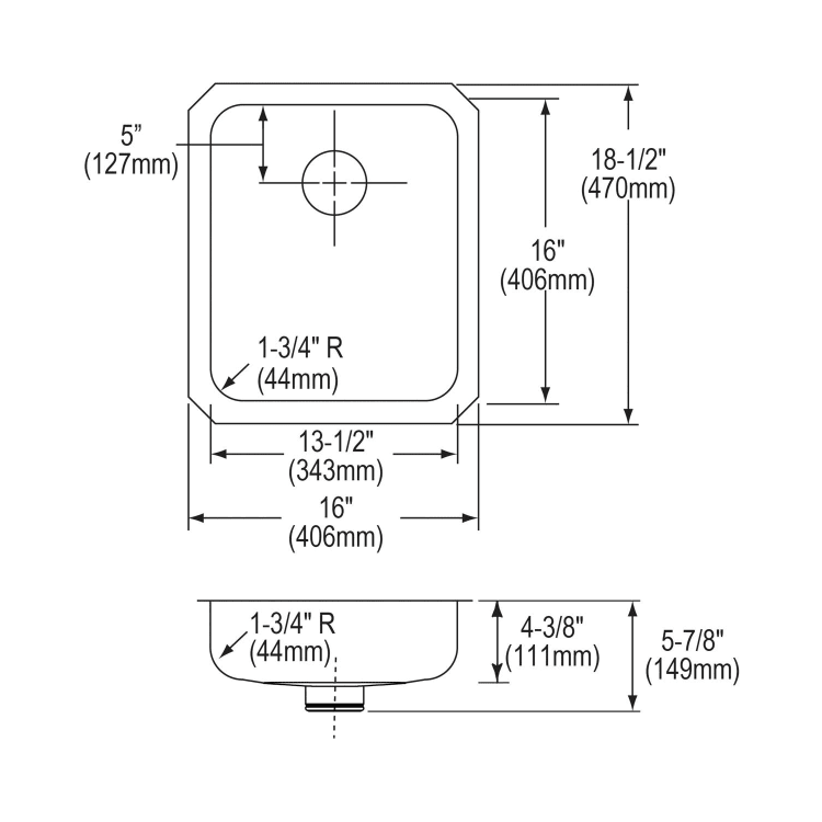 Elkay® ELUHAD131645PD Lustertone™ Classic Kitchen Sink, Rectangle Shape, 13-1/2 in L x 16 in W Bowl x 4-3/8 in D Bowl, 16 in L x 18-1/2 in W x 4-3/8 in H, Under Mounting, Stainless Steel