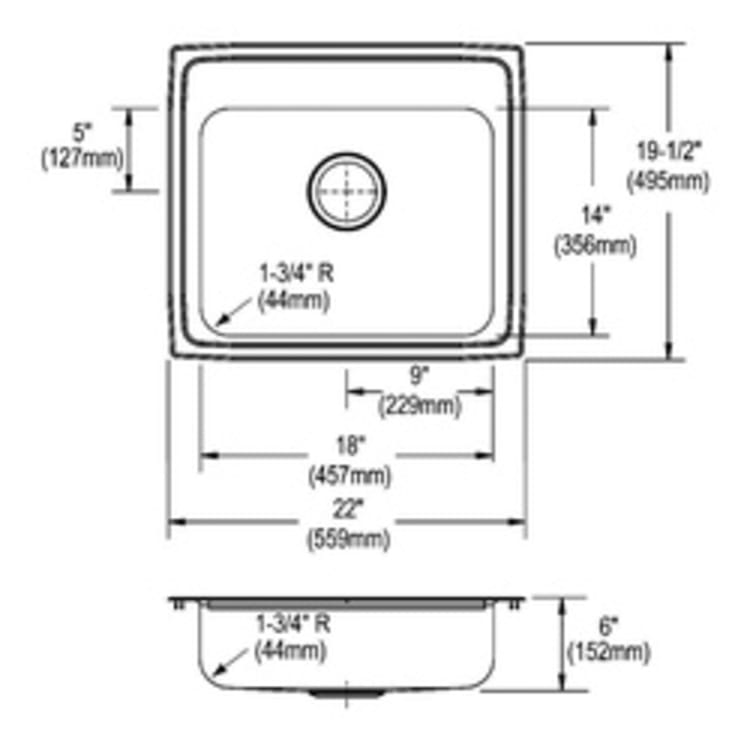 Elkay® LRAD2219601 Lustertone™ Classic Kitchen Sink, Rectangle Shape, 18 in L x 14 in W Bowl x 5-7/8 in D Bowl, 1 Faucet Holes, 22 in L x 19-1/2 in W x 6 in H, Top Mounting, Stainless Steel