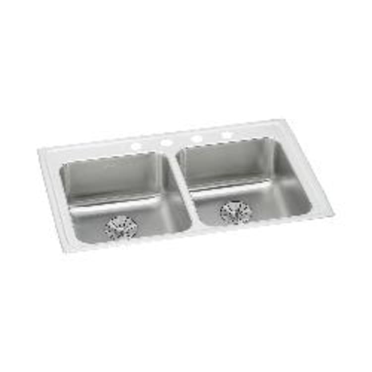 Elkay® LRAD331965PD2 Traditional Kitchen Sink, Lustertone, Rectangle Shape, 14 in Left, 14 in Right L x 14 in Left, 14 in Right W x 6-3/8 in Left, 6-3/8 in Right D Bowl, 2 Faucet Holes, 33 in L x 19-1/2 in W x 6-1/2 in H, Top Mount, Stainless Steel