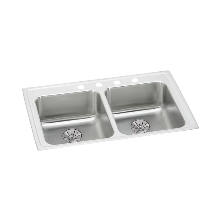 Elkay® LRAD331965PD5 Traditional Kitchen Sink, Rectangular, 14 in L x 14 in W x 6-3/8 in D Left Bowl, 14 in L x 14 in W x 6-3/8 in D Right Bowl, 5 Faucet Holes, 33 in L x 19-1/2 in W x 6-1/2 in H, Top Mount, Stainless Steel, Lustertone