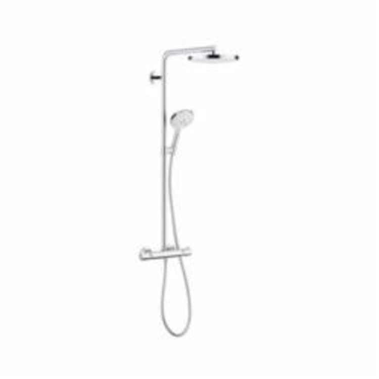 Hansgrohe 27129401 Raindance Select S 240 Shower Pipe, 9-1/2 in Dia Head, 3 Shower Head, 2.5 gpm, Massage/Rain/Spray, Slide Bar: No, Chrome Plated/White