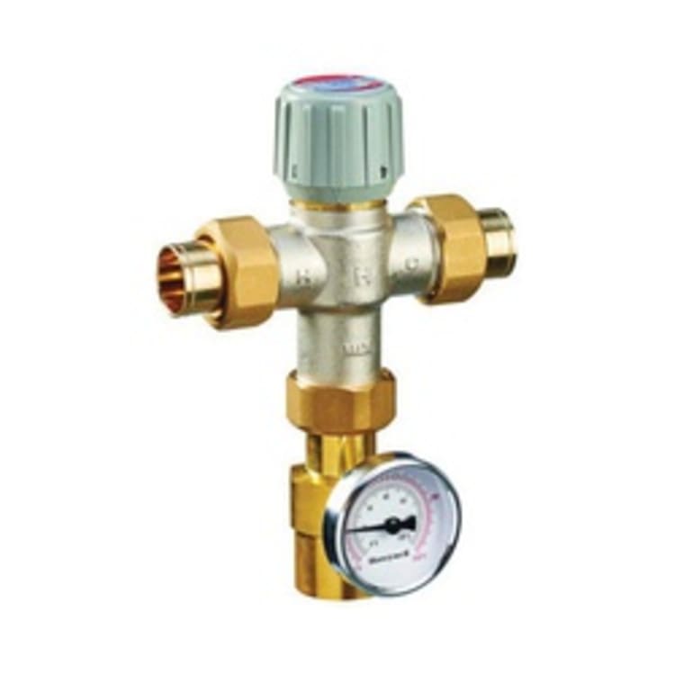 Honeywell AM102R-USTG-1/U AM-1 Series™ Straight Through Design Thermostatic Mixing Valve With Temperature Gauge, 1 in Nominal, C Union End Style, 150 psi Pressure, Brass Body