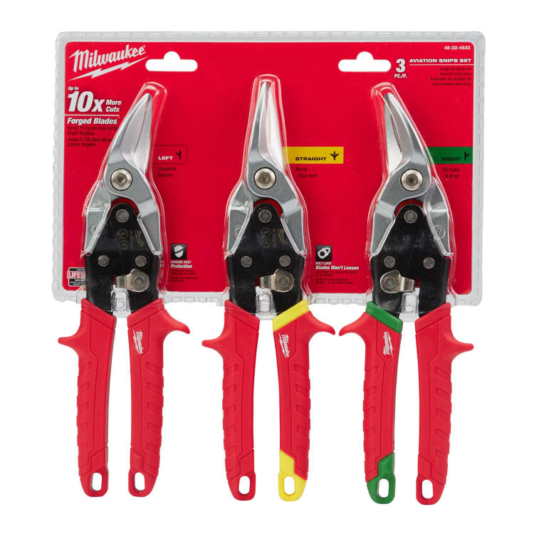 Milwaukee® 48-22-4533 3-Piece Aviation Snip Set, 18 ga Cold Rolled Steel, 22 ga Stainless Steel, 5 in Length of Cut, Left/Right/Straight Cutting Snip, Steel Blade