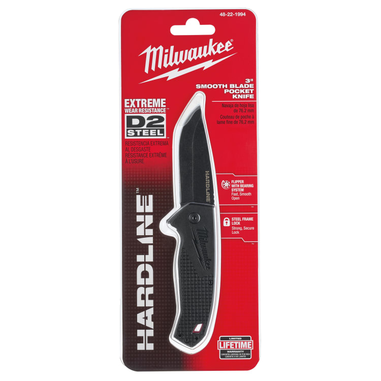 Milwaukee® HARDLINE™ 48-22-1994 Folding Lockable Blade Pocket Knife, 3 in L Blade, Drop Point Smooth D2 Steel Blade, Stainless Steel Grip