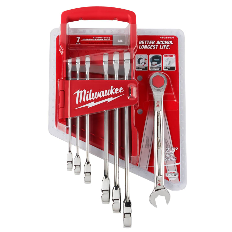 Milwaukee® MAX BITE™ 48-22-9406 Ratcheting Combination Wrench Set, SAE, 7 Pieces, Chrome