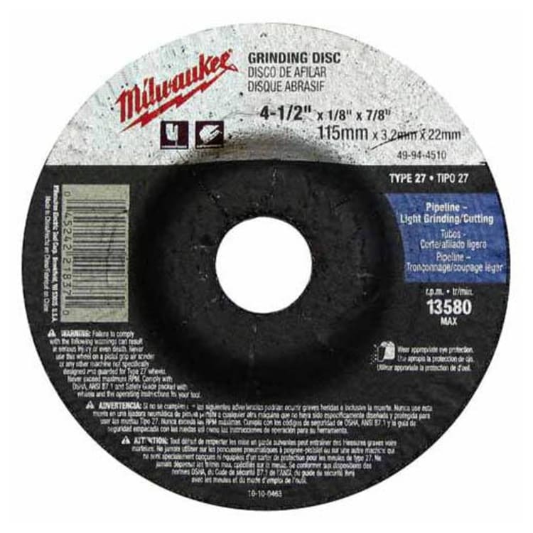 Milwaukee® 49-94-4510 Type 27 Reinforced Grinding Disc, 4-1/2 in Dia x 1/8 in THK, 7/8 in, A30S Grit, Aluminum Oxide Abrasive