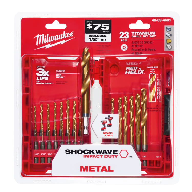 Milwaukee® 48-89-4631 SHOCKWAVE™ RED HELIX™ Impact Duty Drill Bit Kit, 23 Pieces, For Use With All Drill, HSS, Titanium Coated