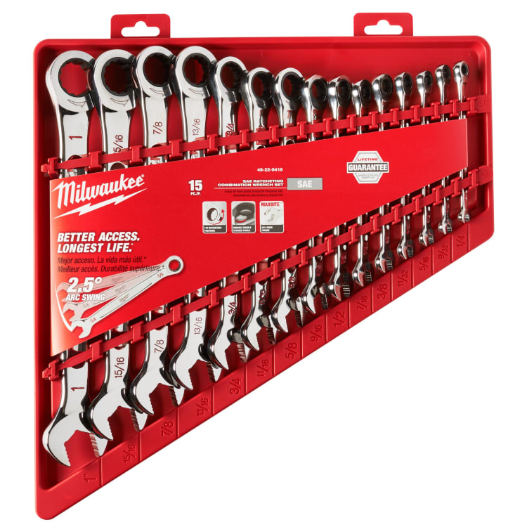 Milwaukee® MAX BITE™ 48-22-9416 Ratcheting Combination Wrench Set, SAE, 15 Pieces, Chrome