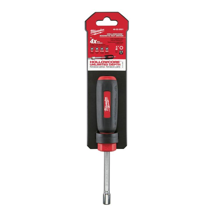 Milwaukee® 48-22-2521 HollowCore™ Magnetic Nut Driver, Imperial, 1/4 in, Hex Shank, Black/Red, Chrome Plated