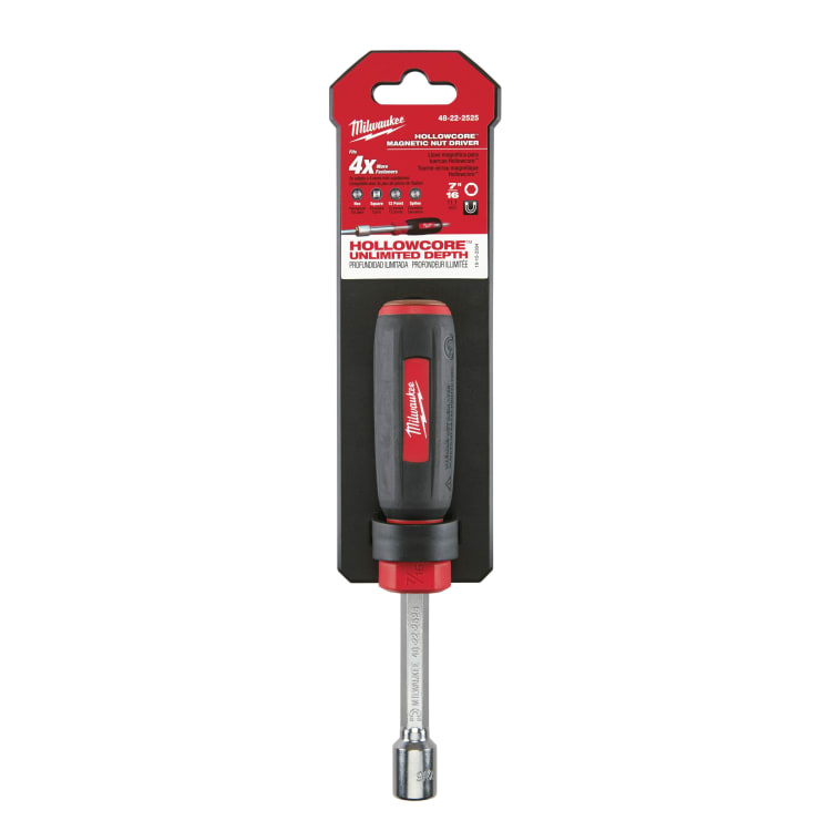 Milwaukee® 48-22-2525 HollowCore™ Magnetic Nut Driver, 7/16 in, Hex Shank, Black/Red, Chrome Plated