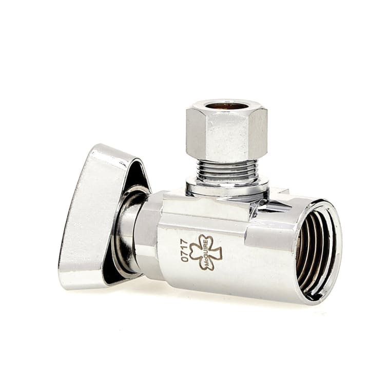McGuire™ Convertible™ II LFBV2-02 1/4 Turn Angle Stop Ball Valve, 1/2 x 3/8 in Nominal, IPS x OD Compression End Style, Brass Body, Polished Chrome, Import