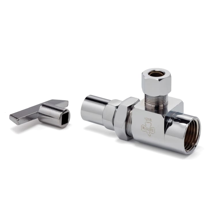 McGuire™ LFHST02LK Heavy Pattern Angle Stop, 1/2 x 3/8 in Nominal, IPS x OD Compression End Style, Brass Body, Polished Chrome, Import