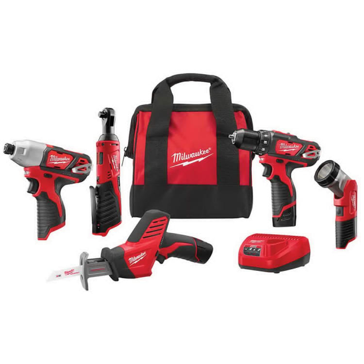 Milwaukee® M12™ 2498-25 5-Tool Keyless Cordless Combination Kit, Tools: 2407-20 3/8 in Cordless Drill Driver/HACKZALL® 2420-20 Reciprocating Saw/2462-20 Cordless Impact Driver/2457-20 12 V 3/8 in Cordless Ratchet/49-24-0146 LED Work Light, 1