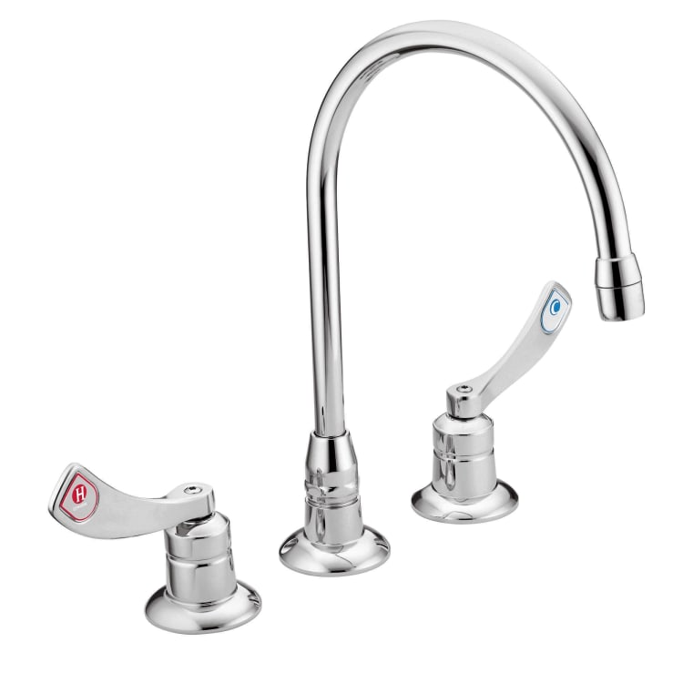 Moen® 8225 M-DURA™ Widespread Kitchen Faucet Without Drain, 1.5 gpm, 8 in Center, Chrome Plated, 2 Handles, Import, Domestic