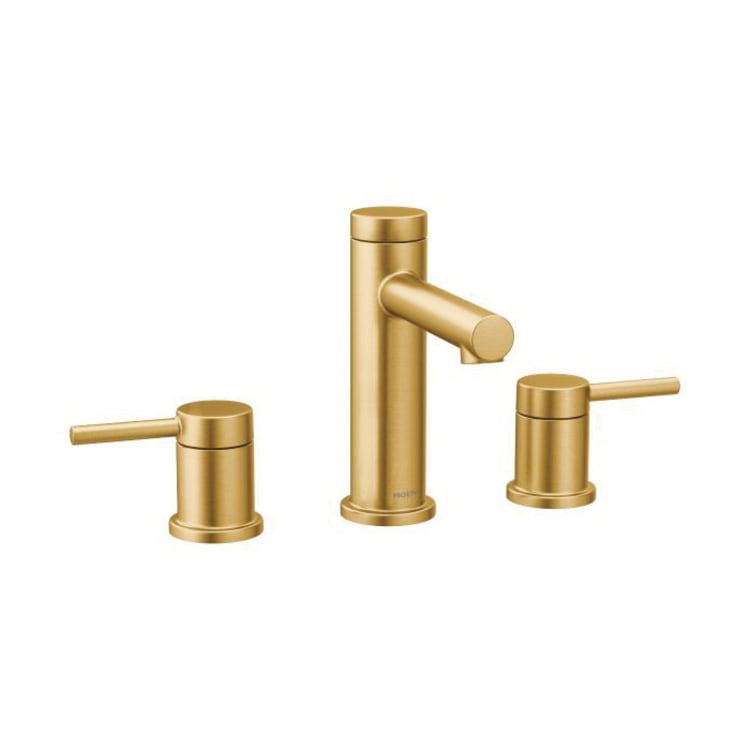 Moen® T6193BG Widespread Bathroom Faucet With Hot and Cold Temperature Indicator, Align™, Commercial, 1.2 gpm Flow Rate, 4-17/64 in H Spout, 8 to 16 in Center, Brushed Gold, 2 Handles, Lift Rod Drain, Domestic