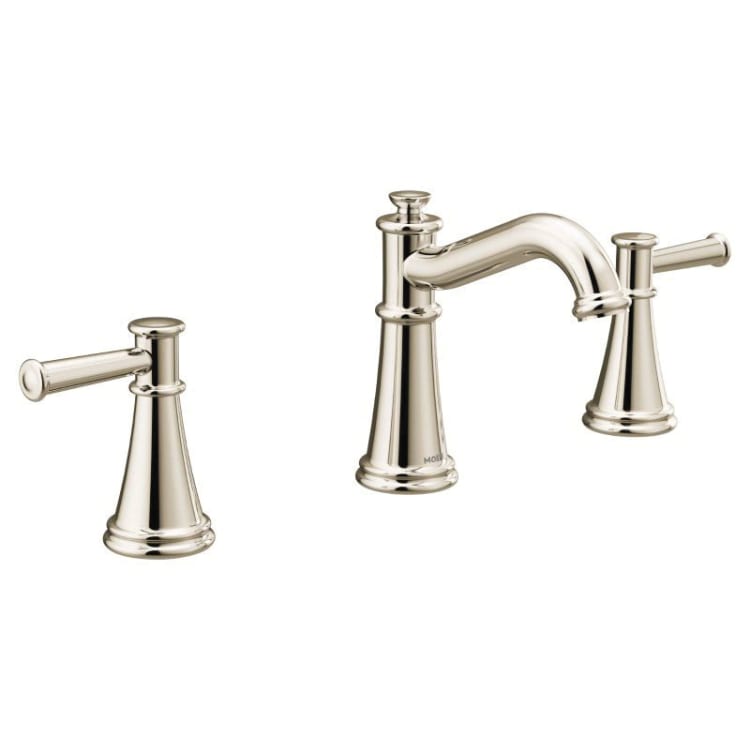 Moen® T6405NL Widespread Bathroom Faucet, Belfield™, Commercial, 1.2 gpm Flow Rate, 4-1/2 in H Spout, 8 to 16 in Center, Polished Nickel, 2 Handles, Lift Rod Drain, Domestic