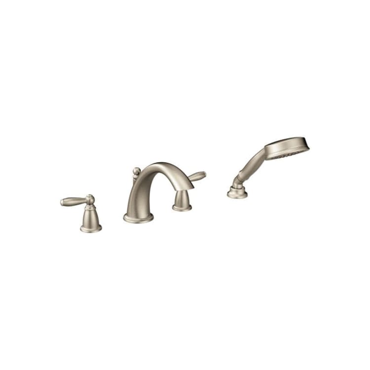 Moen® T924BN Widespread Roman Tub Faucet, Brantford™, 10 in Center, Brushed Nickel, 2 Handles, Function: Traditional, Domestic (Rough-in valve sold separately)