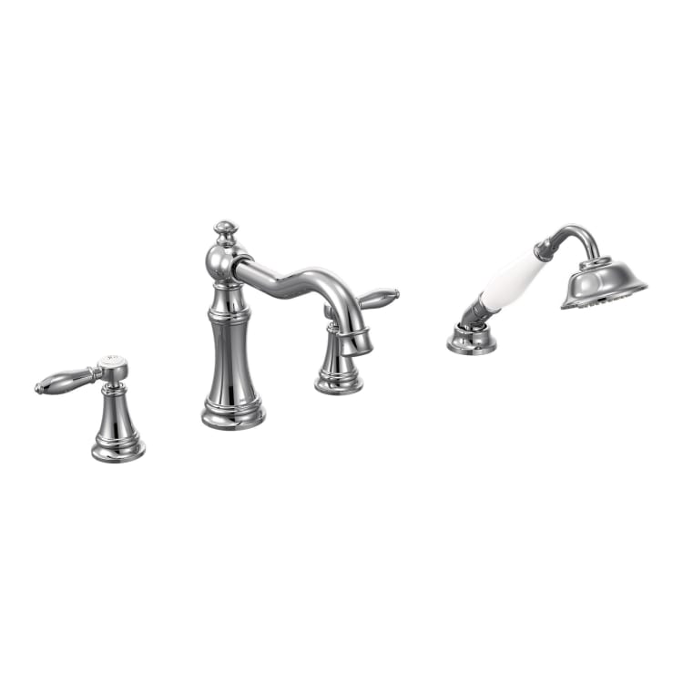 Moen® TS21104 Roman Tub Faucet, Weymouth™, 10 to 16 in Center, Polished Chrome, 2 Handles, Function: Traditional, Domestic