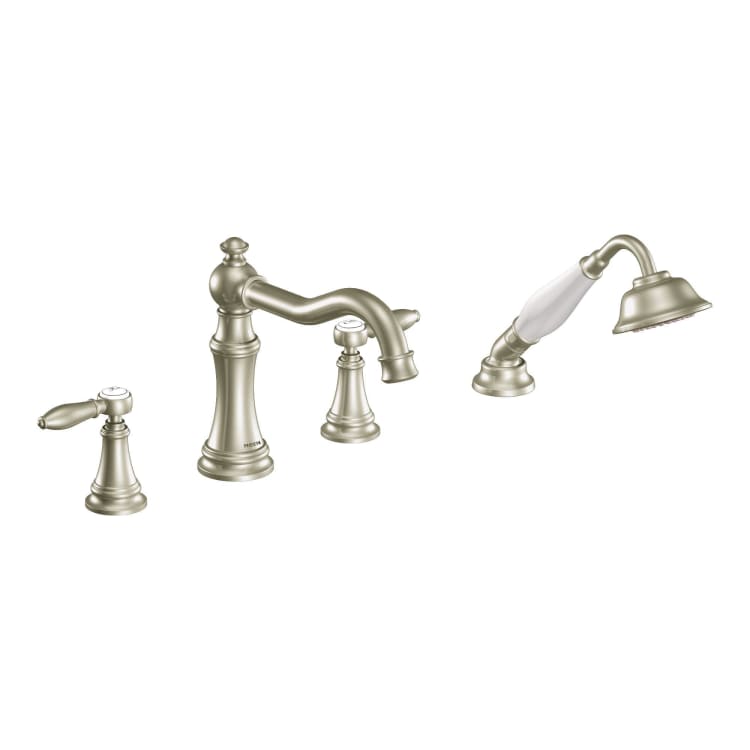 Moen® TS21104BN Roman Tub Faucet, Weymouth™, 10 to 16 in Center, Brushed Nickel, 2 Handles, Function: Traditional, Domestic