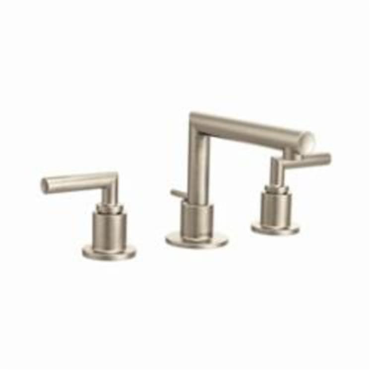 Moen® TS43002BN Arris™ Widespread Bathroom Faucet, 1.5 gpm Flow Rate, 5-3/4 in H Spout, 8 to 16 in Center, Brushed Nickel, 2 Handles, Pop-Up Drain, Domestic