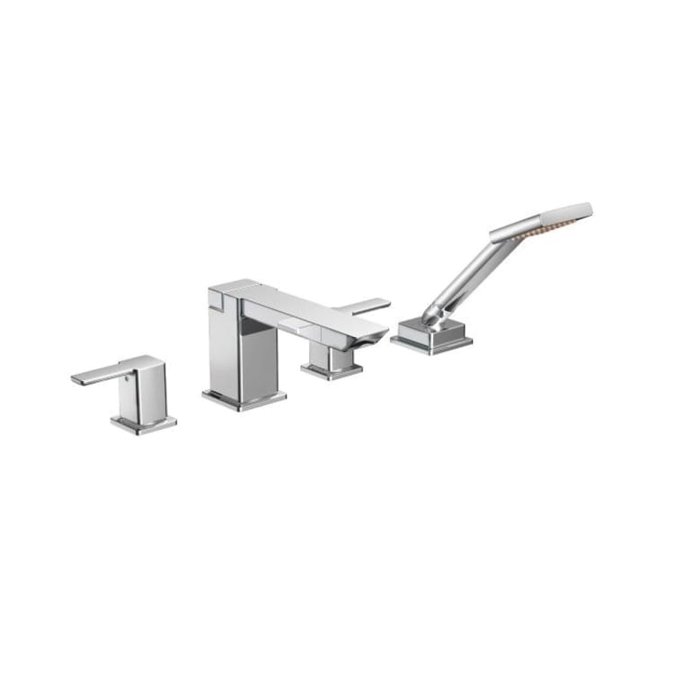 Moen® TS904 90 Degree™ Roman Tub Faucet, 2 gpm Flow Rate, 10 to 16 in Center, Polished Chrome, 2 Handles, Function: Traditional, Domestic