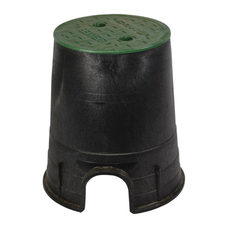 NDS 107BCS 6" ROUND ECONO VALVE BOX & COVER MARKED "SEWER" BLACK BODY/GREEN LID