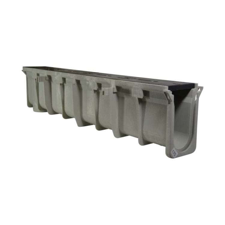 NDS® Dura Slope™ EZ-Track™ DS-105 Pre-Sloped Channel Drain With UV Inhibitor, 48 in L 8.7 to 9.04 in D, High Density Polyethylene, Light Gray, Domestic