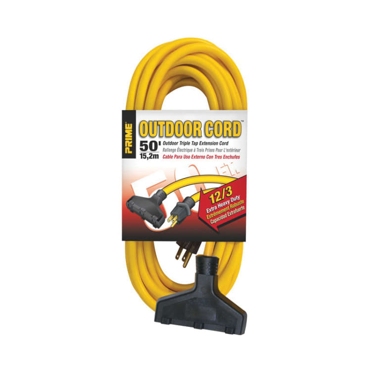 PRIME® EC600830 Triple-Tap Outdoor Extension Cord, 15 A 125 VAC 1875 W, SJTW, 50 ft L Cord, 3 Conductors