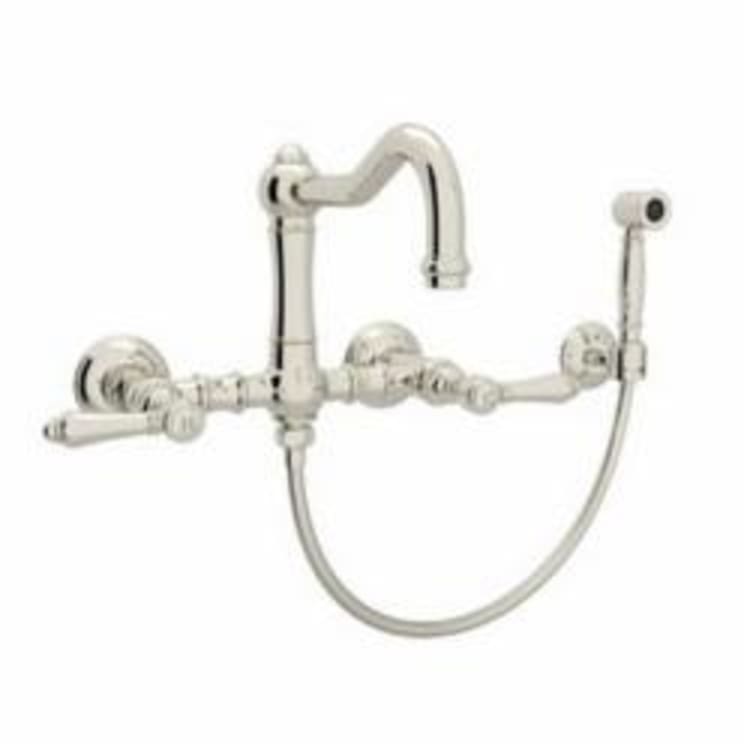 Rohl® A1456LMW-SPN-2 Country Kitchen Bridge Kitchen Faucet With Hand Spray, 1.5 gpm, 8 in Center, Polished Nickel, 2 Handles