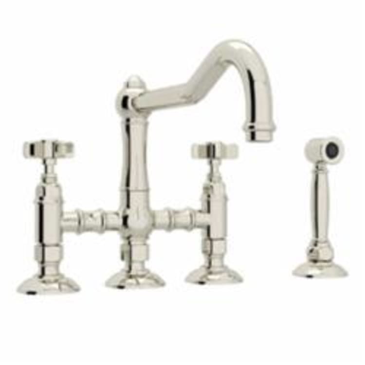 Rohl® A1458XWS-PN-2 Italian Country Kitchen Three Leg Bridge Kitchen Faucet With Hand Spray, 1.5 gpm, 8 in Center, Polished Nickel, 2 Handles
