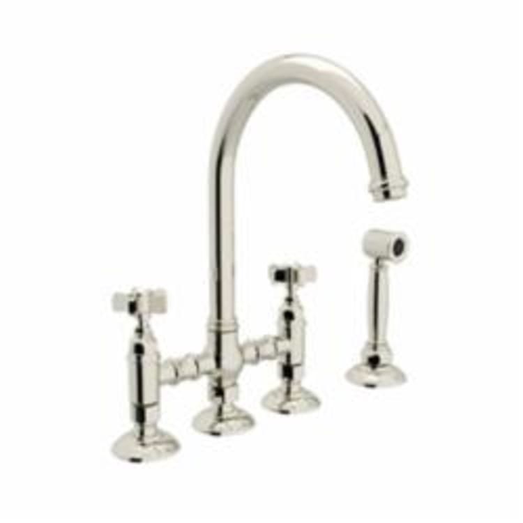 Rohl® A1461LMW-SPN-2 Italian Country Kitchen Three Leg Bridge Kitchen Faucet With Side Spray, 1.5 gpm, 8 in Center, Polished Nickel, 2 Handles