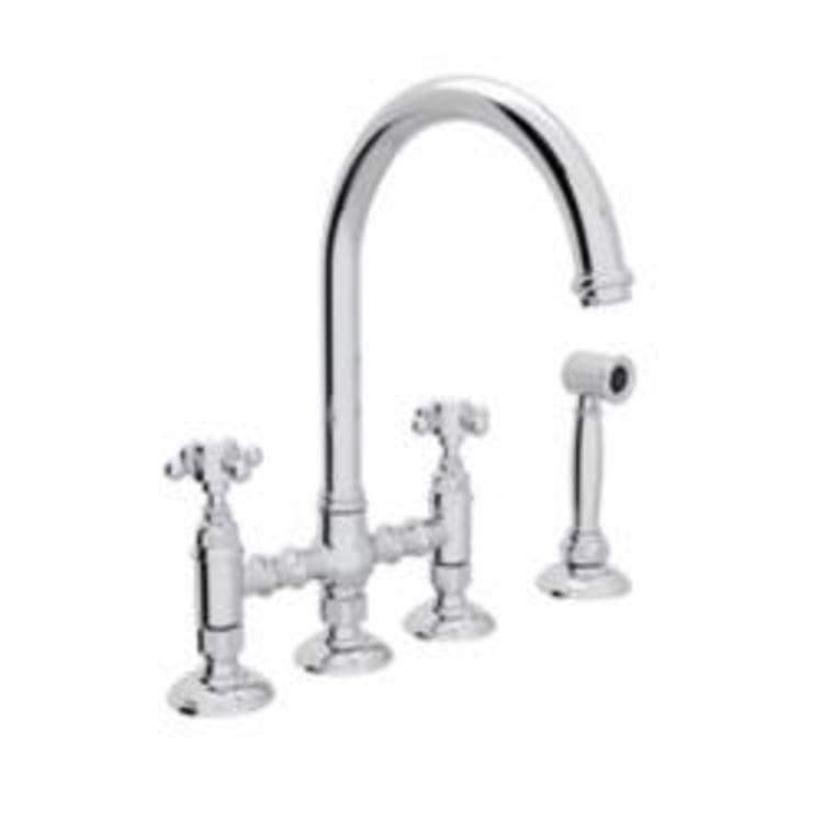 Rohl® A1461XMWS-APC-2 Italian Country Kitchen Three Leg Bridge Kitchen Faucet With Side Spray, 1.5 gpm, 8 in Center, Polished Chrome, 2 Handles