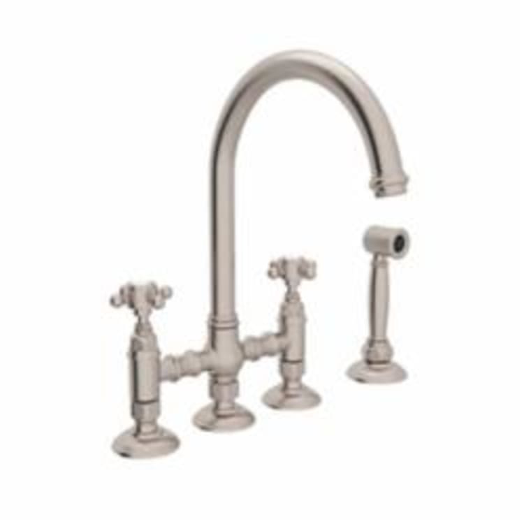 Rohl® A1461XMWS-STN-2 Italian Country Kitchen Three Leg Bridge Kitchen Faucet With Side Spray, 1.5 gpm, 8 in Center, Satin Nickel, 2 Handles