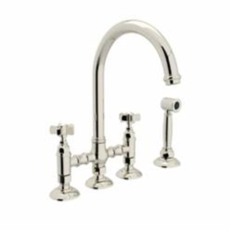 Rohl® A1461XWS-PN-2 Italian Country Kitchen Three Leg Bridge Kitchen Faucet With Side Spray, 1.5 gpm, 8 in Center, Polished Nickel, 2 Handles