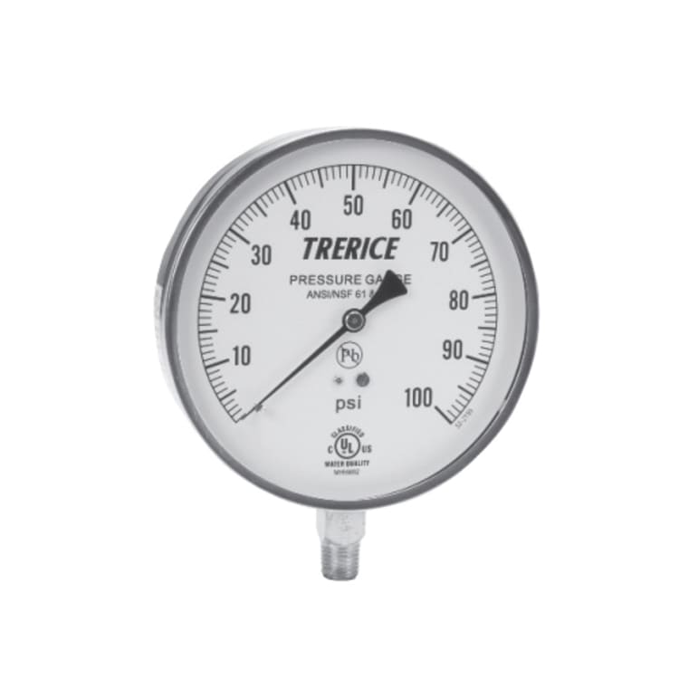 Trerice 620B4502LA110 Commercial Contractor Pressure Gauge, 0 to 100 psi, 1/4 in MNPT Connection, 4-1/2 in Dial, +/- 1 %