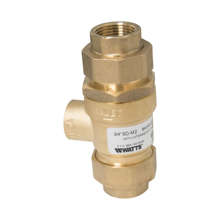 WATTS® 0061888 9D Series Backflow Preventer, 3/4 in Nominal, Union FNPT x Union Joint End Style, Forged Brass Body, Dual Check, Domestic