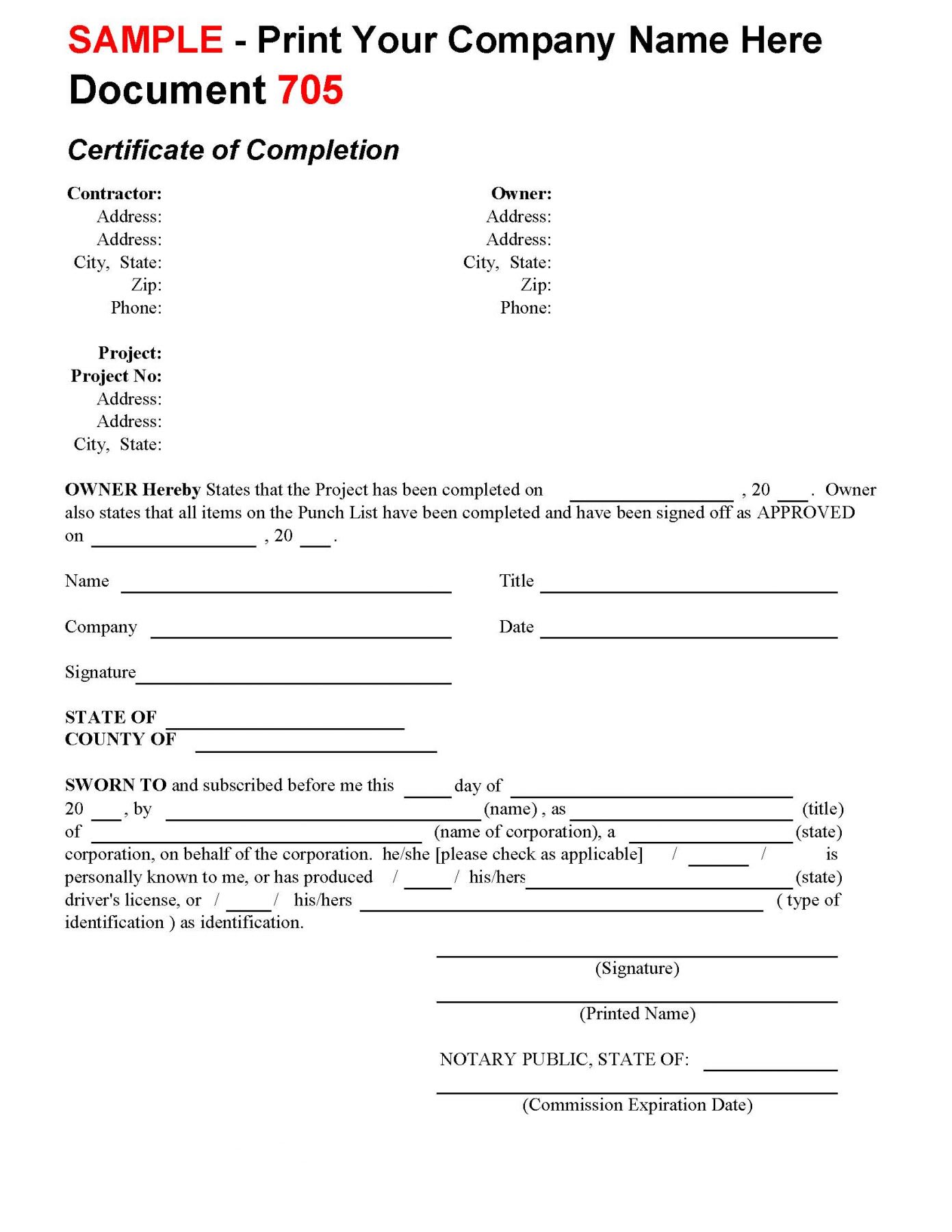 sample certificate of completion template