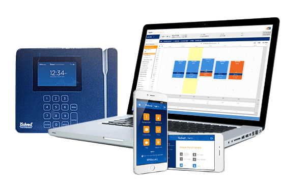time and attendance solutions - showing a time clock and software displayed on mobile devices