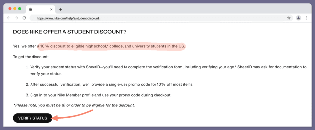 Nike discount discount for students